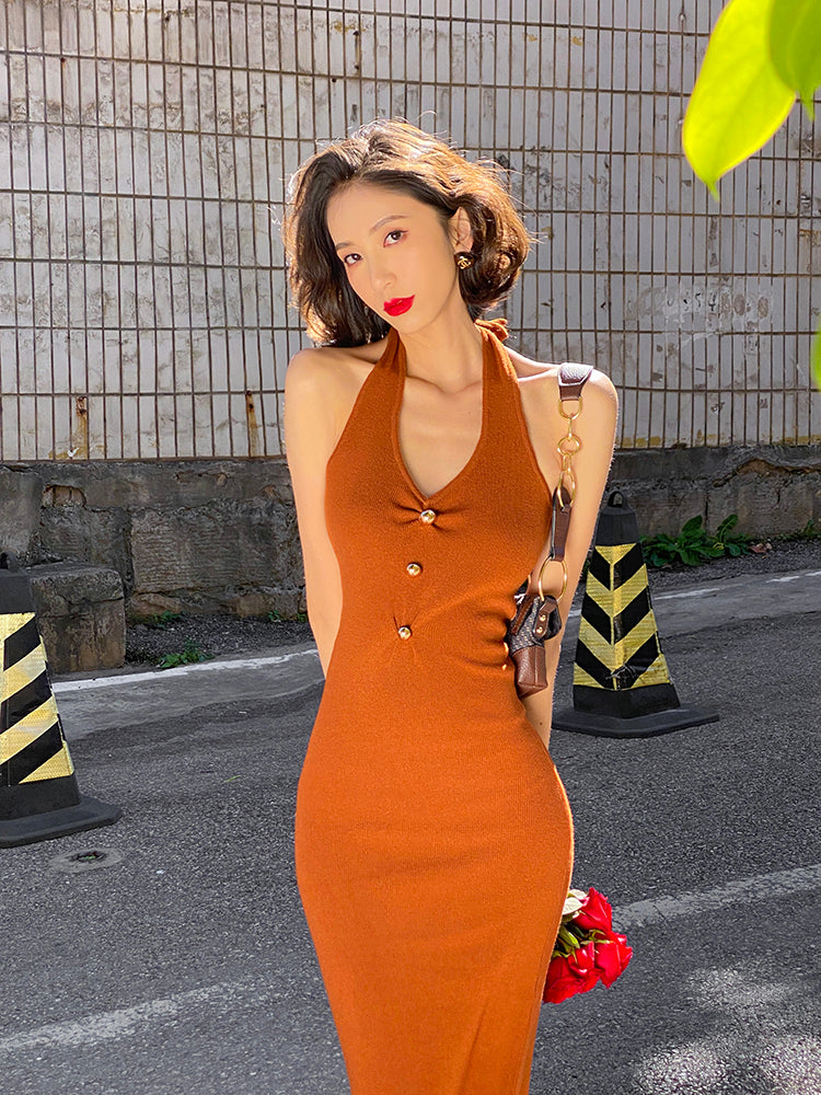 Pumpkin Ruched Halter Dress