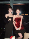 Red Feather Sequin Strapless Dress – Sexy Party Night Mini Dress
