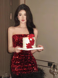 Red Feather Sequin Strapless Dress – Sexy Party Night Mini Dress