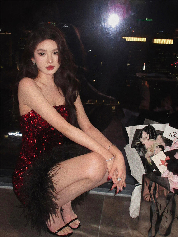 Red Feather Sequin Strapless Dress – Sexy Party Night Mini Dress