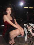 Red Feather Sequin Strapless Dress – Sexy Party Night Mini Dress