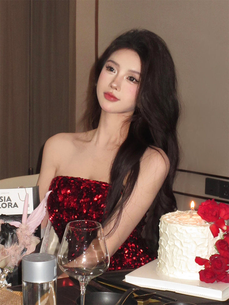 Red Feather Sequin Strapless Dress – Sexy Party Night Mini Dress