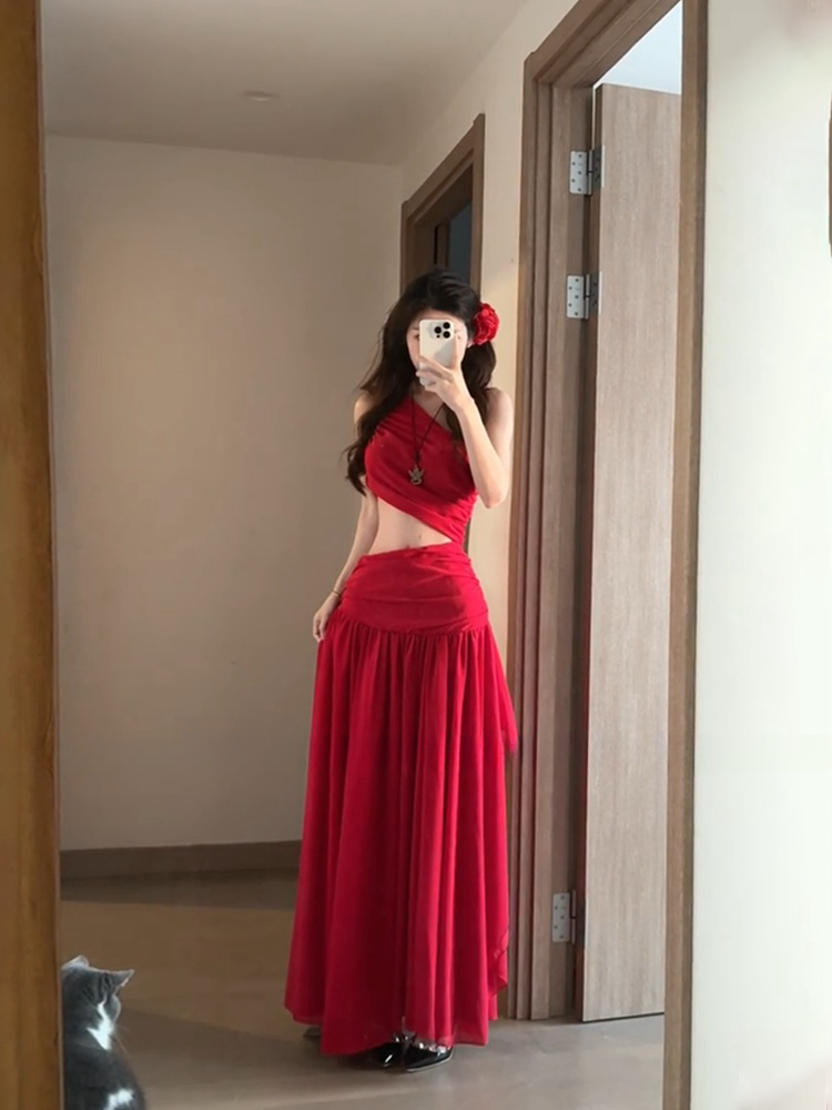 Red Flowy Maxi Dress – Stunning Open-Back Chiffon Vacation Dress