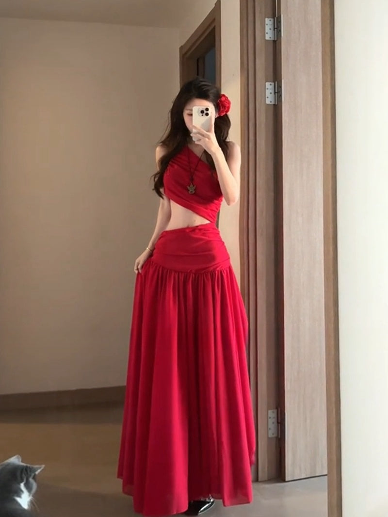 Red Flowy Maxi Dress – Stunning Open-Back Chiffon Vacation Dress