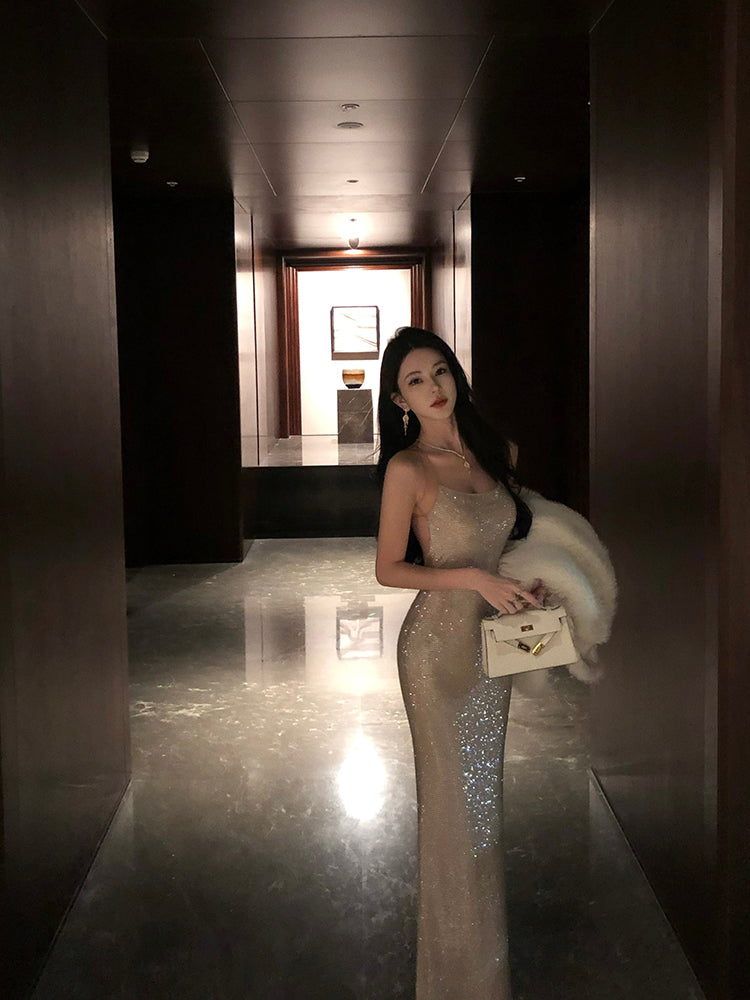 Rhinestone-Embellished Slip Dress – Sexy Party Night Maxi Dress