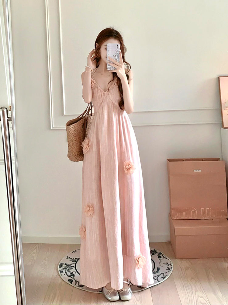 Romantic 3D Floral Halter Dress – Soft Feminine Beach Dress