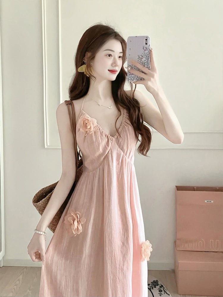 Romantic 3D Floral Halter Dress – Soft Feminine Beach Dress