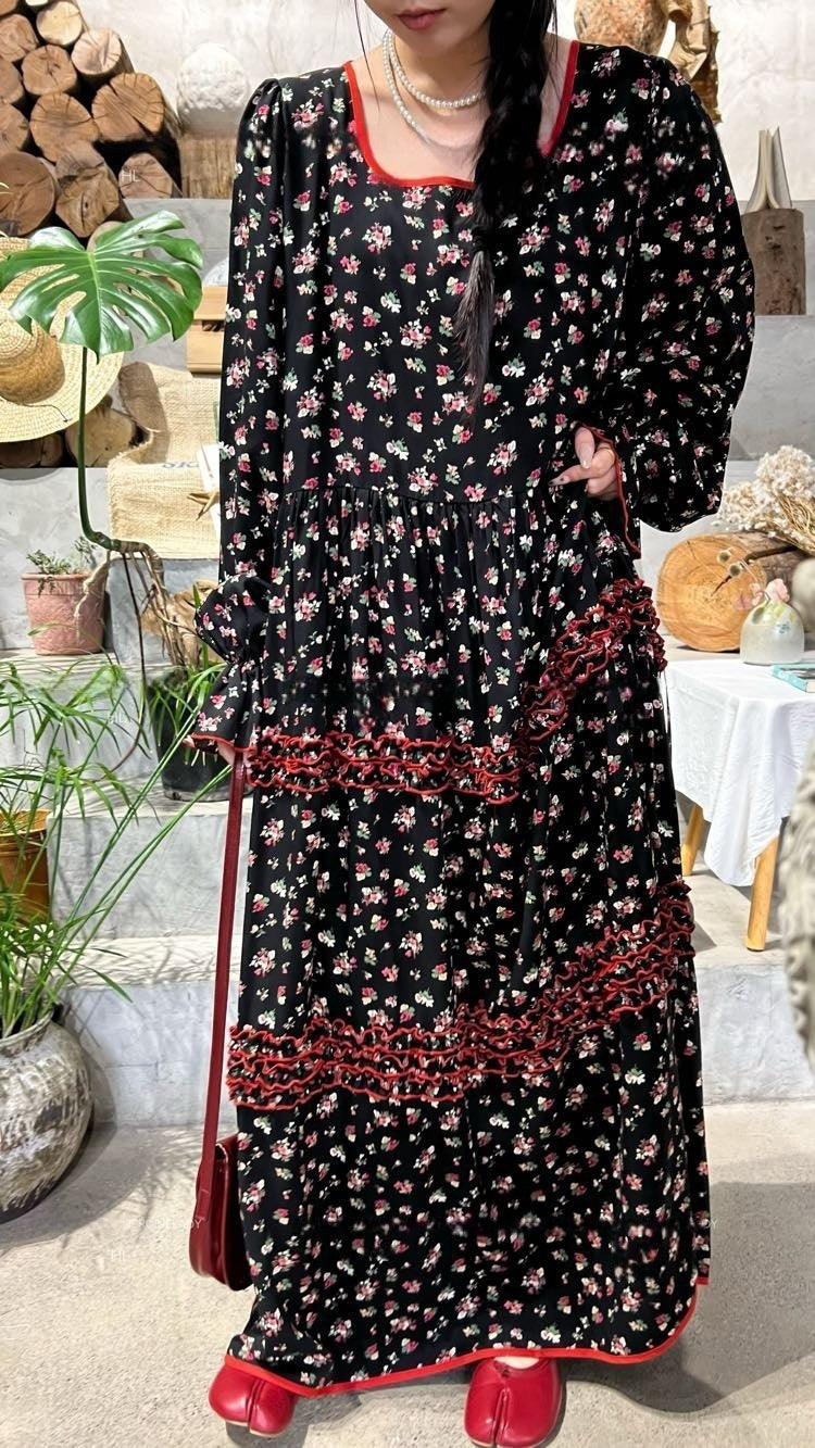 Romantic Soirée Floral Long Sleeve Dress – Soft Cotton Vintage Style Maxi Gown Flowy Floral Dress