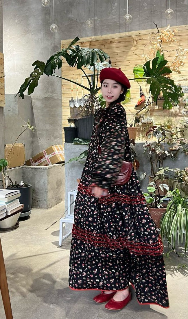 Romantic Soirée Floral Long Sleeve Dress – Soft Cotton Vintage Style Maxi Gown Flowy Floral Dress