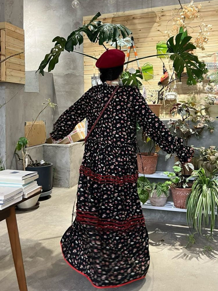 Romantic Soirée Floral Long Sleeve Dress – Soft Cotton Vintage Style Maxi Gown Flowy Floral Dress