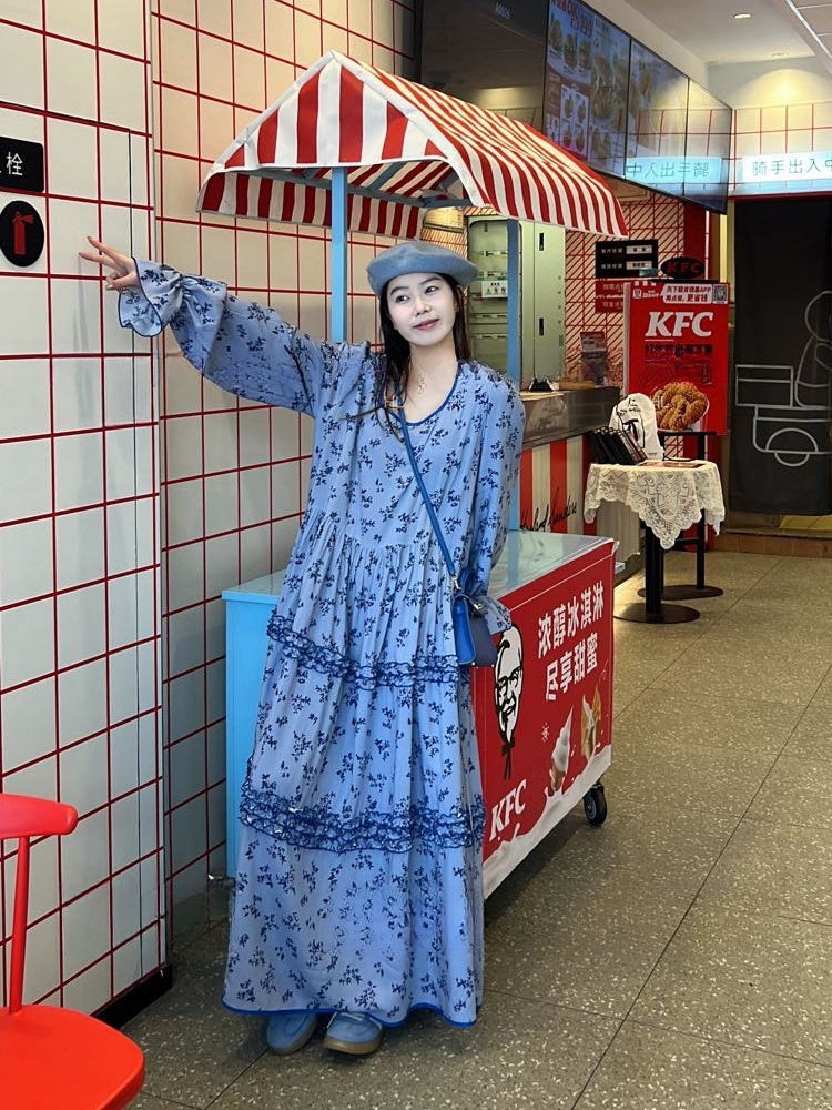 Romantic Soirée Floral Long Sleeve Dress – Soft Cotton Vintage Style Maxi Gown Flowy Floral Dress