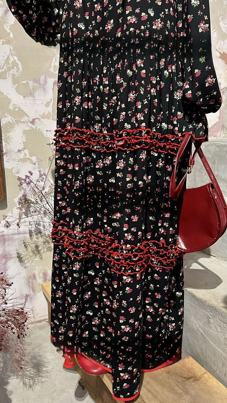 Romantic Soirée Floral Long Sleeve Dress – Soft Cotton Vintage Style Maxi Gown Flowy Floral Dress