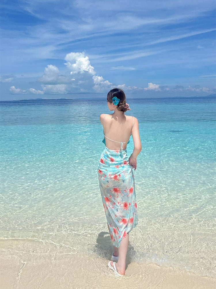 Ruffled Floral Split Maxi Dress – Feminine Open-Back Summer Beach Dress