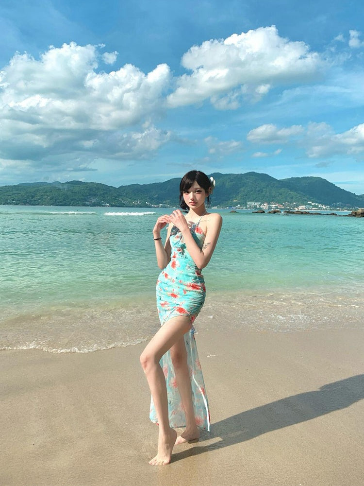 Ruffled Floral Split Maxi Dress – Feminine Open-Back Summer Beach Dress
