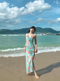 Ruffled Floral Split Maxi Dress – Feminine Open-Back Summer Beach Dress