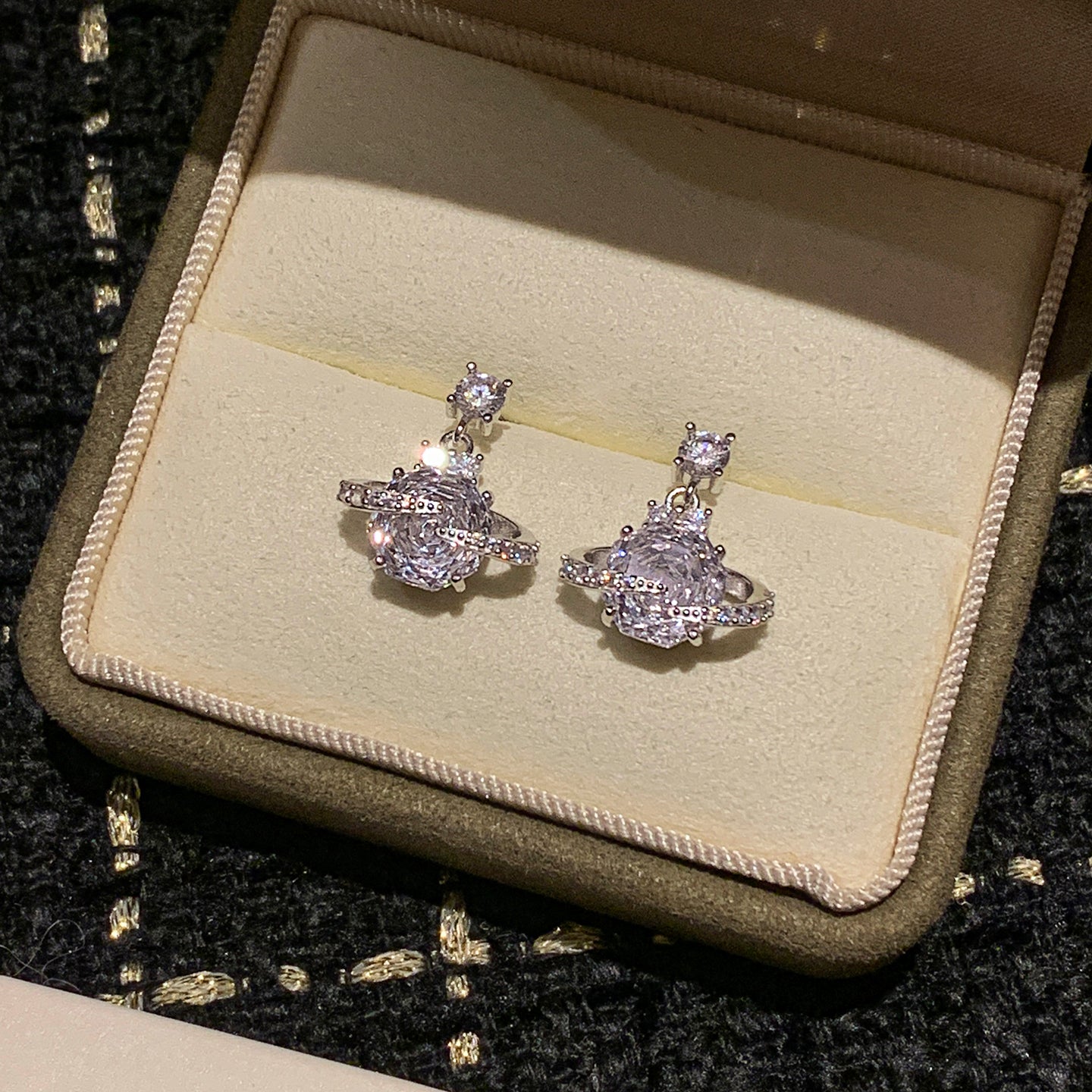 999 Silver Rose-Cut Saturn Diamond Earrings