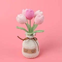 All Crochet Potted 5 Headed Pink Tulip Decor