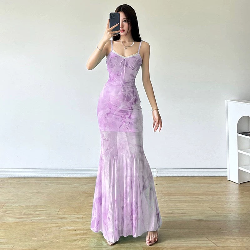 Soft Green Butterfly Print Sheer Mermaid Dress – Romantic & Dreamy Fit