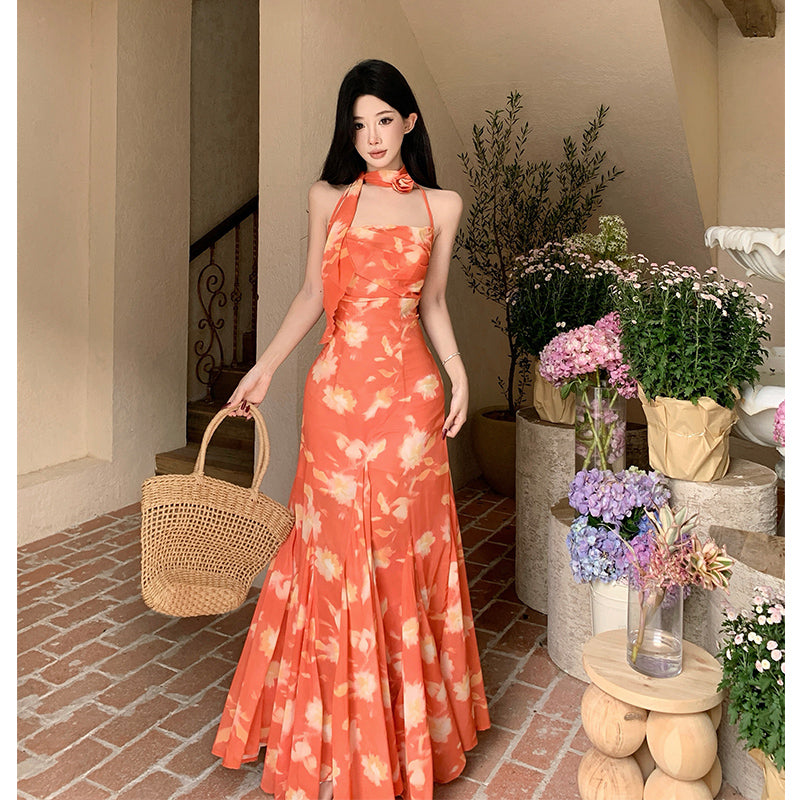 Sunset Orange Halter Maxi Dress – Romantic Summer Vacation Dress