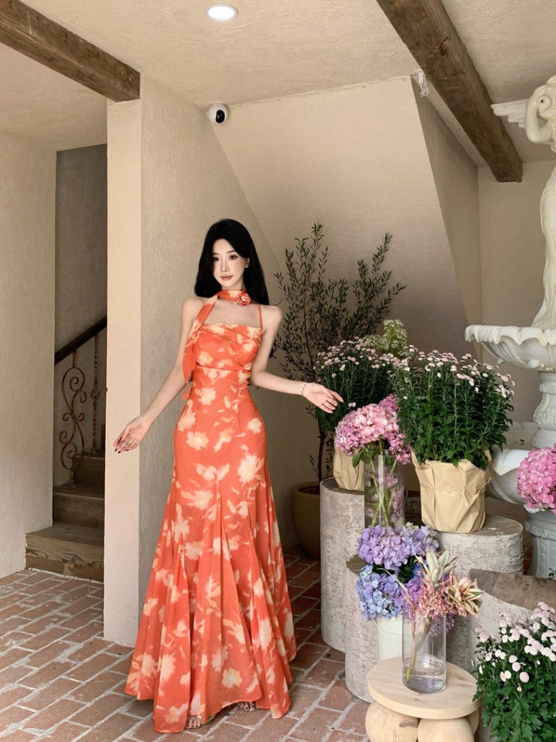 Sunset Orange Halter Maxi Dress – Romantic Summer Vacation Dress