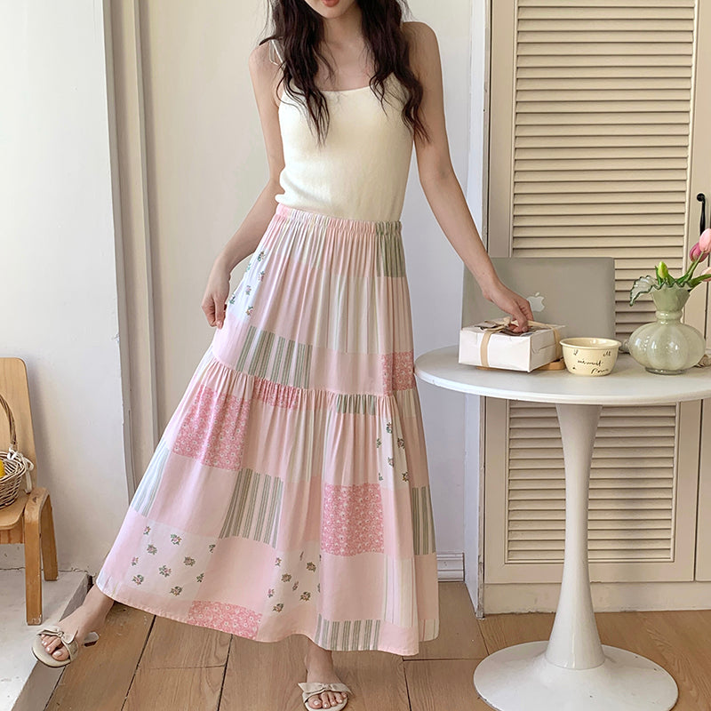 Sweet Floral Cotton Skirt – Summer  Crinkled Midi Skirt for Women Flowy Floral Skirt