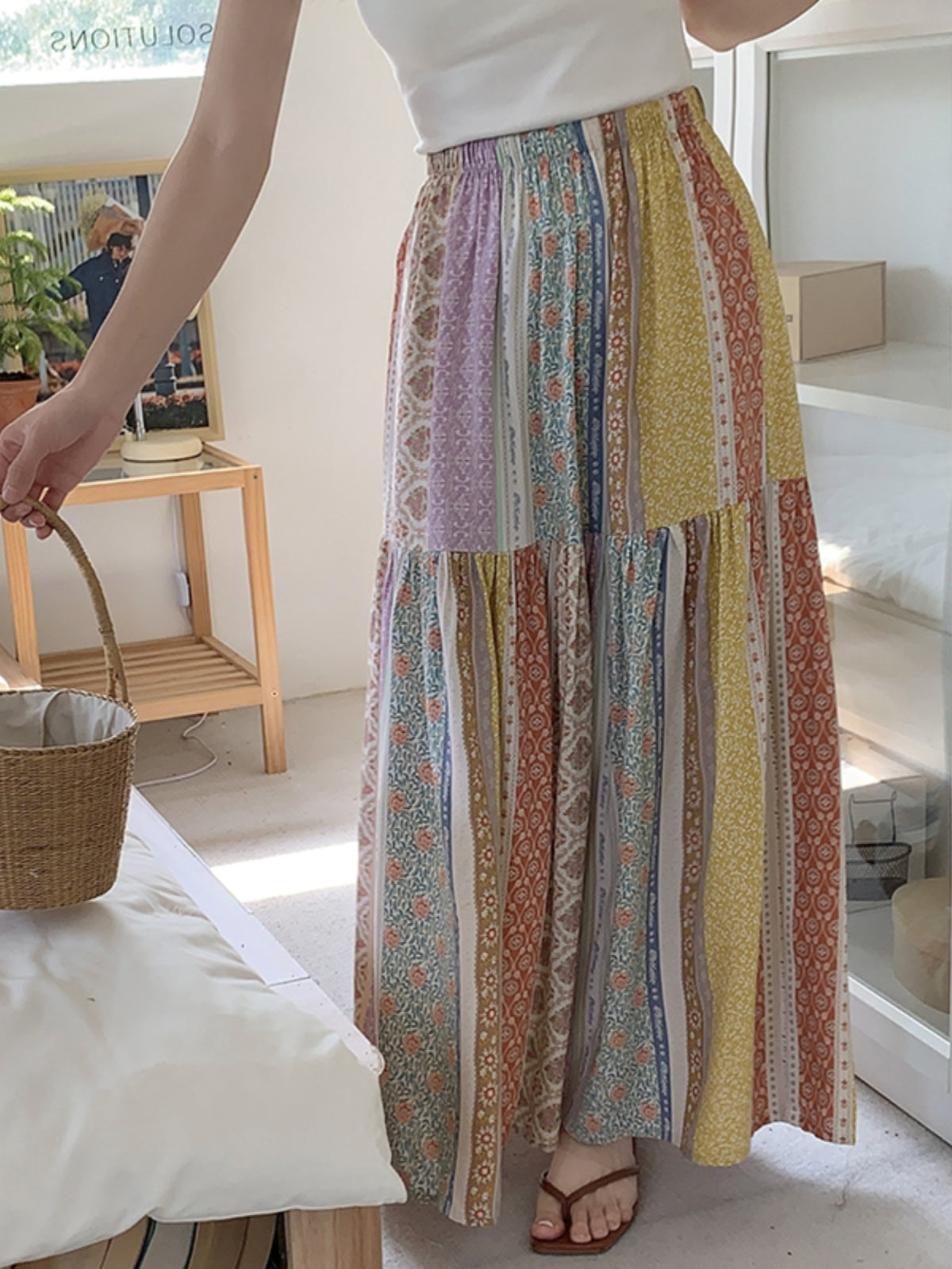 Sweet Floral Cotton Skirt – Summer  Crinkled Midi Skirt for Women Flowy Floral Skirt