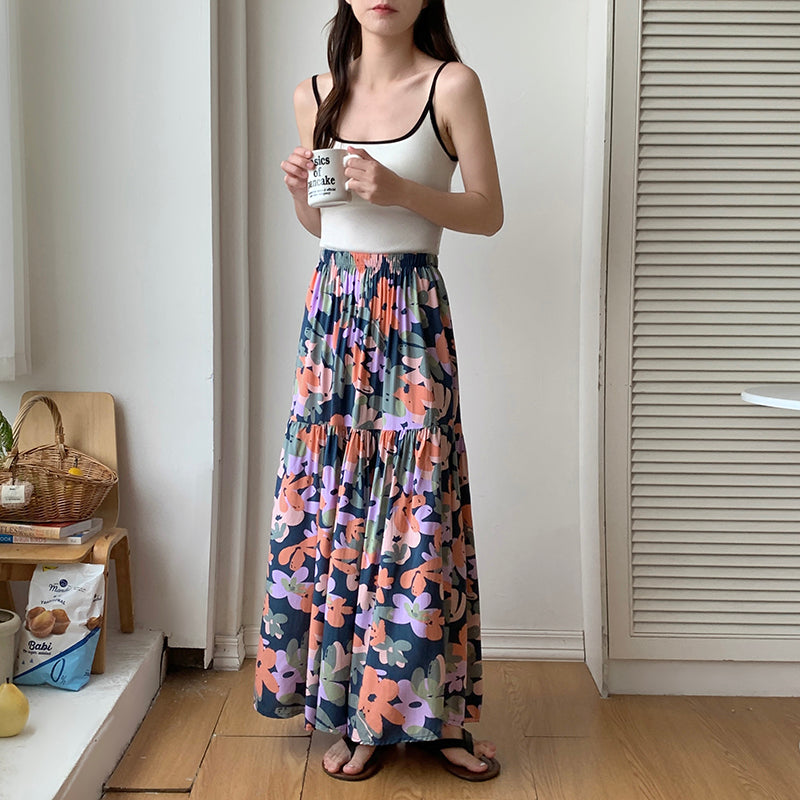 Sweet Floral Cotton Skirt – Summer  Crinkled Midi Skirt for Women Flowy Floral Skirt