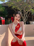 Vacation Chic Sexy Backless Halter Top & Red Skirt Two-Piece Set