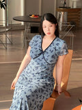 Blue Floral V-Neck Dress Plus-Size