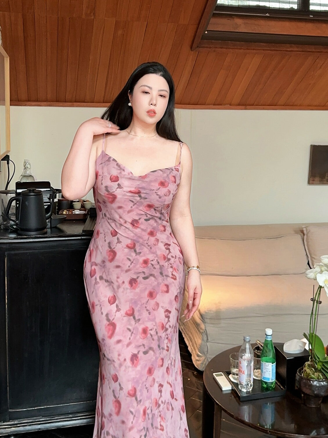 Vintage Rose Slip Dress Plus-Size no Cardigan