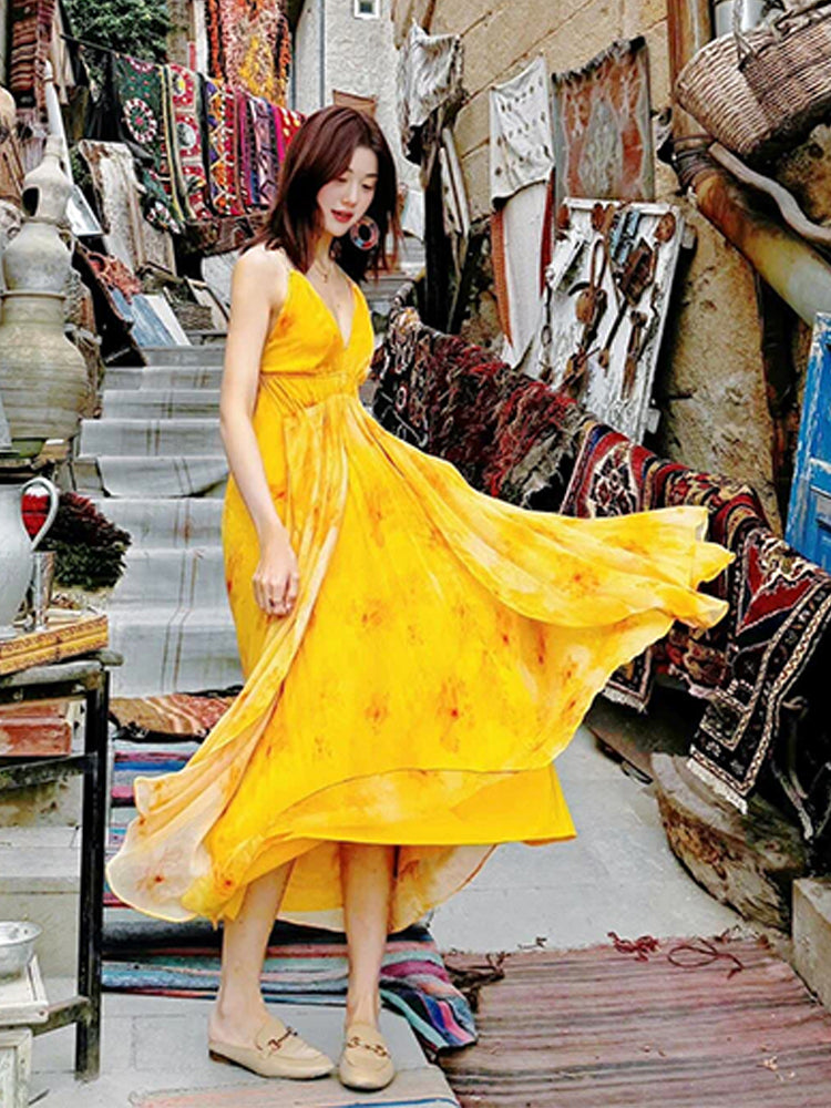 Vintage V-neck Strappy Resort Dress