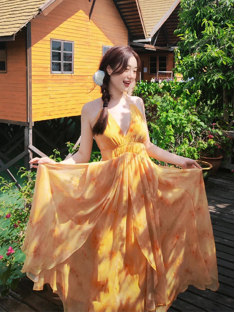 Vintage V-neck Strappy Resort Dress