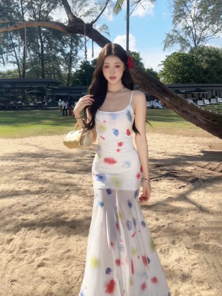 Watercolor Tie-Dye Mermaid Dress – Slimming Bodycon Beach Maxi for Photoshoots