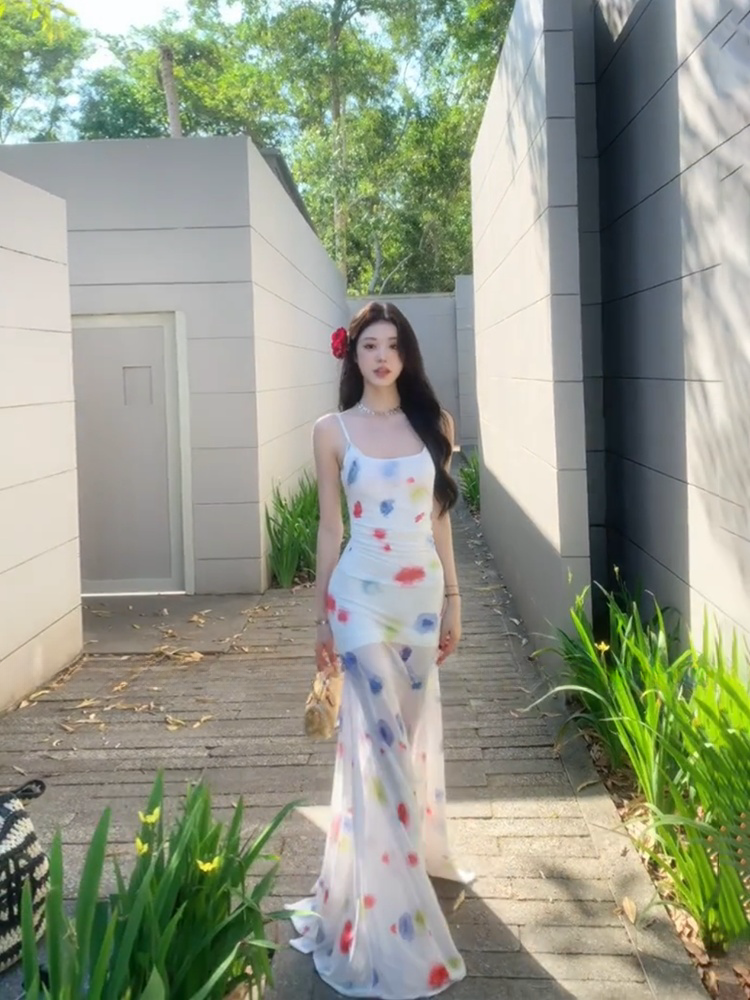 Watercolor Tie-Dye Mermaid Dress – Slimming Bodycon Beach Maxi for Photoshoots