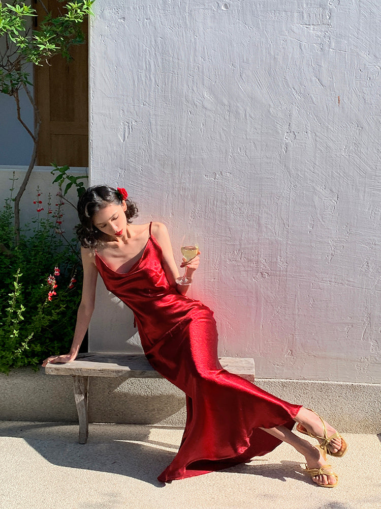 Vintage Red Acetate Cowl Neck Dress