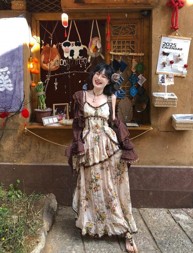 Wild Rose Bohemian Set – Asymmetrical Cotton-Rayon Maxi Skirt + Flowy Cardigan Vintage style