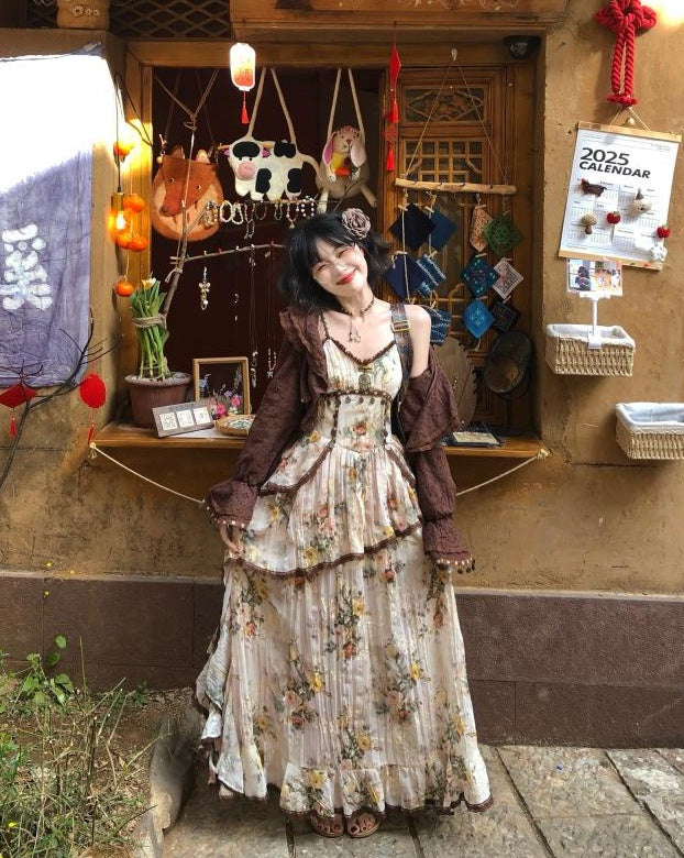 Wild Rose Bohemian Set – Asymmetrical Cotton-Rayon Maxi Skirt + Flowy Cardigan Vintage style