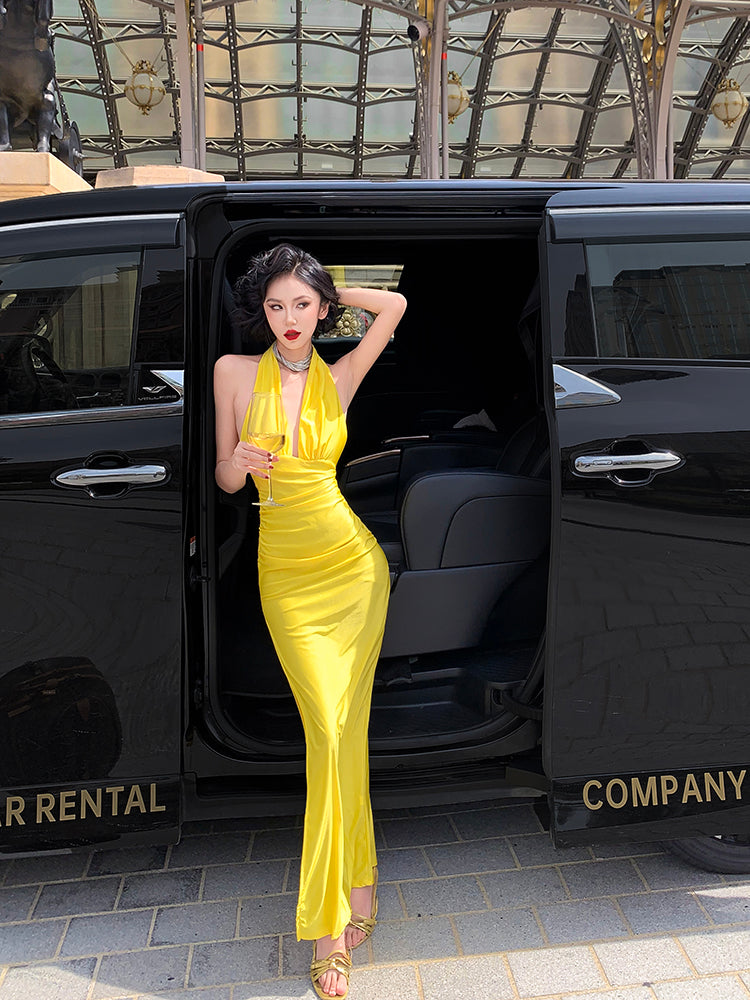 Yellow Ruched V-Neck Backless High-Slit Vintage Gown