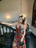 Vintage French V-Neck Red Floral Slip Dress