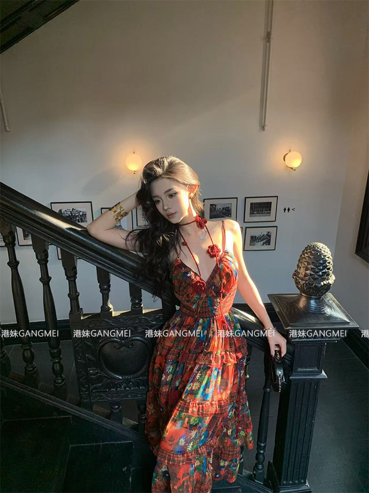 Vintage French V-Neck Red Floral Slip Dress