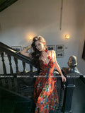 Vintage French V-Neck Red Floral Slip Dress