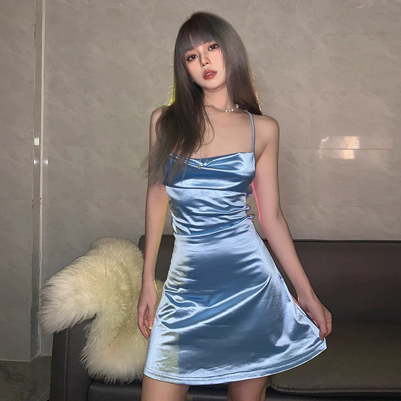 Blue Suspender Satin Dress